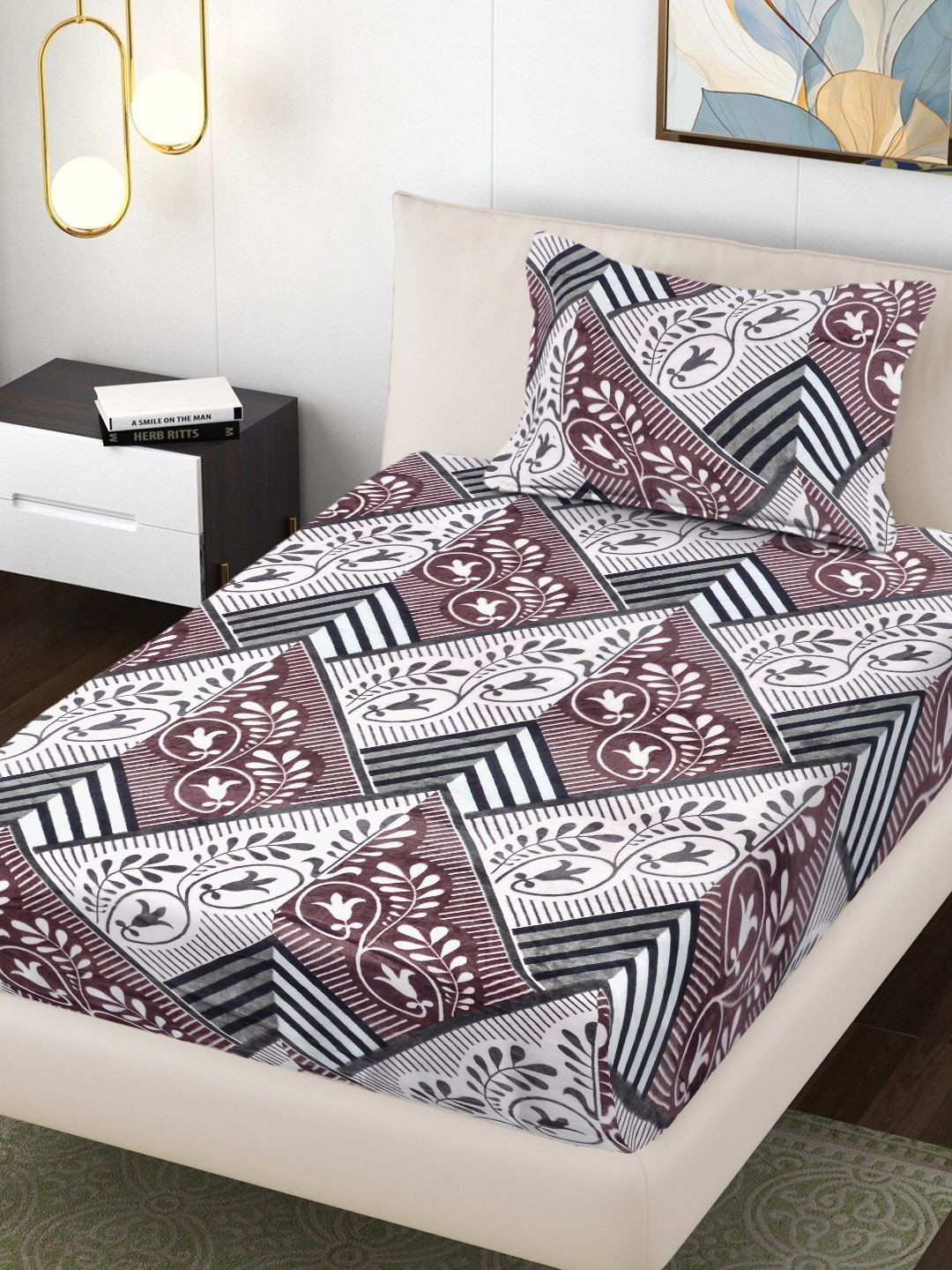 FABINALIV Maroon Printed Wool 300TC Single Bedsheet & 1 Pillow Cover 88 inch x 59 inch