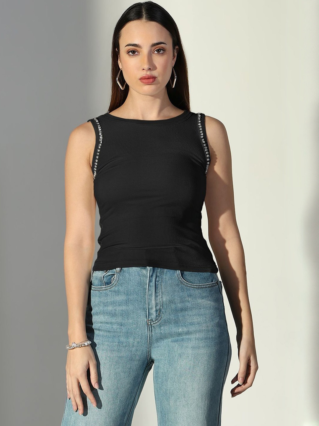 SHOWOFF Studded Ribbed Black Sleeveless Tank Top