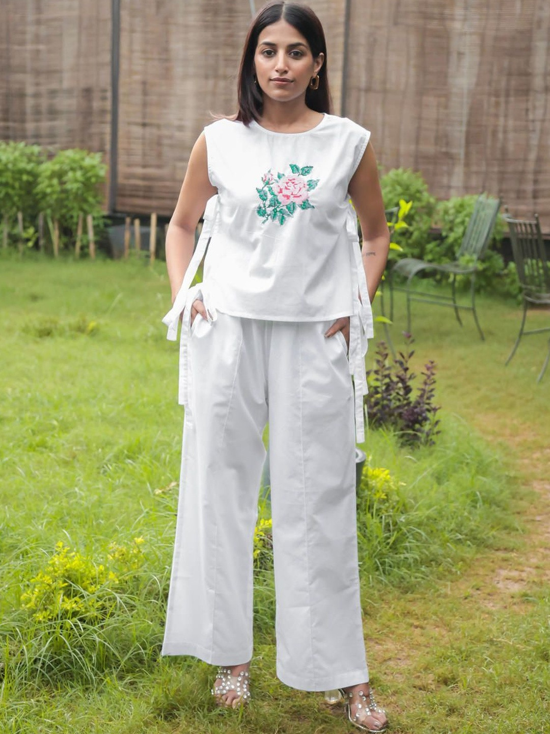 Sol Studio Floral Printed Cotton Top With Trousers Co-Ords
