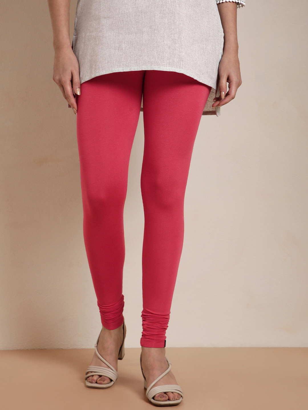 TWIN BIRDS Women Coral-Coloured Solid Churidar-Length Leggings