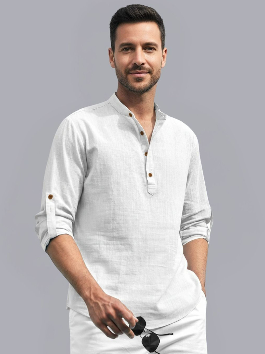 Zee Gold Men Mandarin Collar Roll-Up Sleeves Cotton Straight Kurta