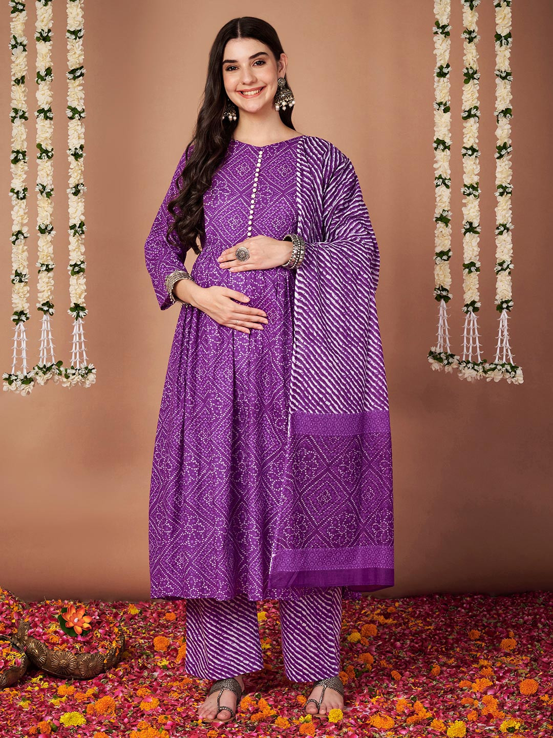Secret Wish Women Bandhani Empire Pure Cotton Maternity Kurta with Palazzos & With Dupatta