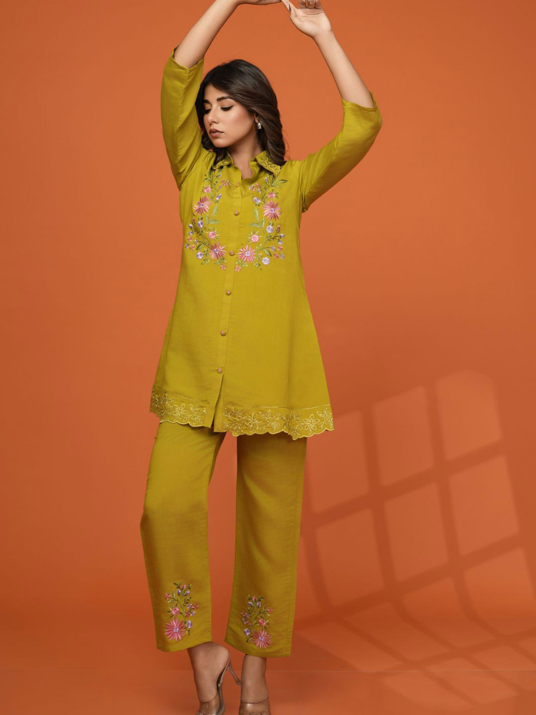 Kaftanize Yellow Embroidered Co-Ord Set In Roman Fabric