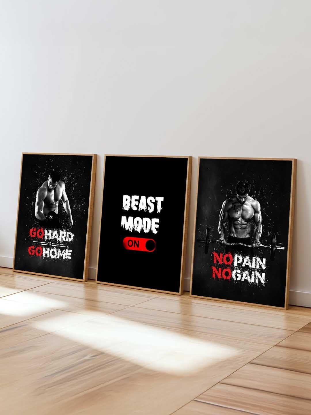 Kotart Black Set of 3 Piece Wood Bodybuilding Motivational Art Framed Posters