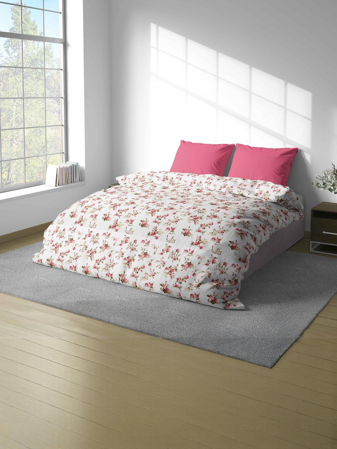Ackross Cream-Coloured & Red Floral Printed Microfiber 90 GSM Mild Winter Reversible Dohar
