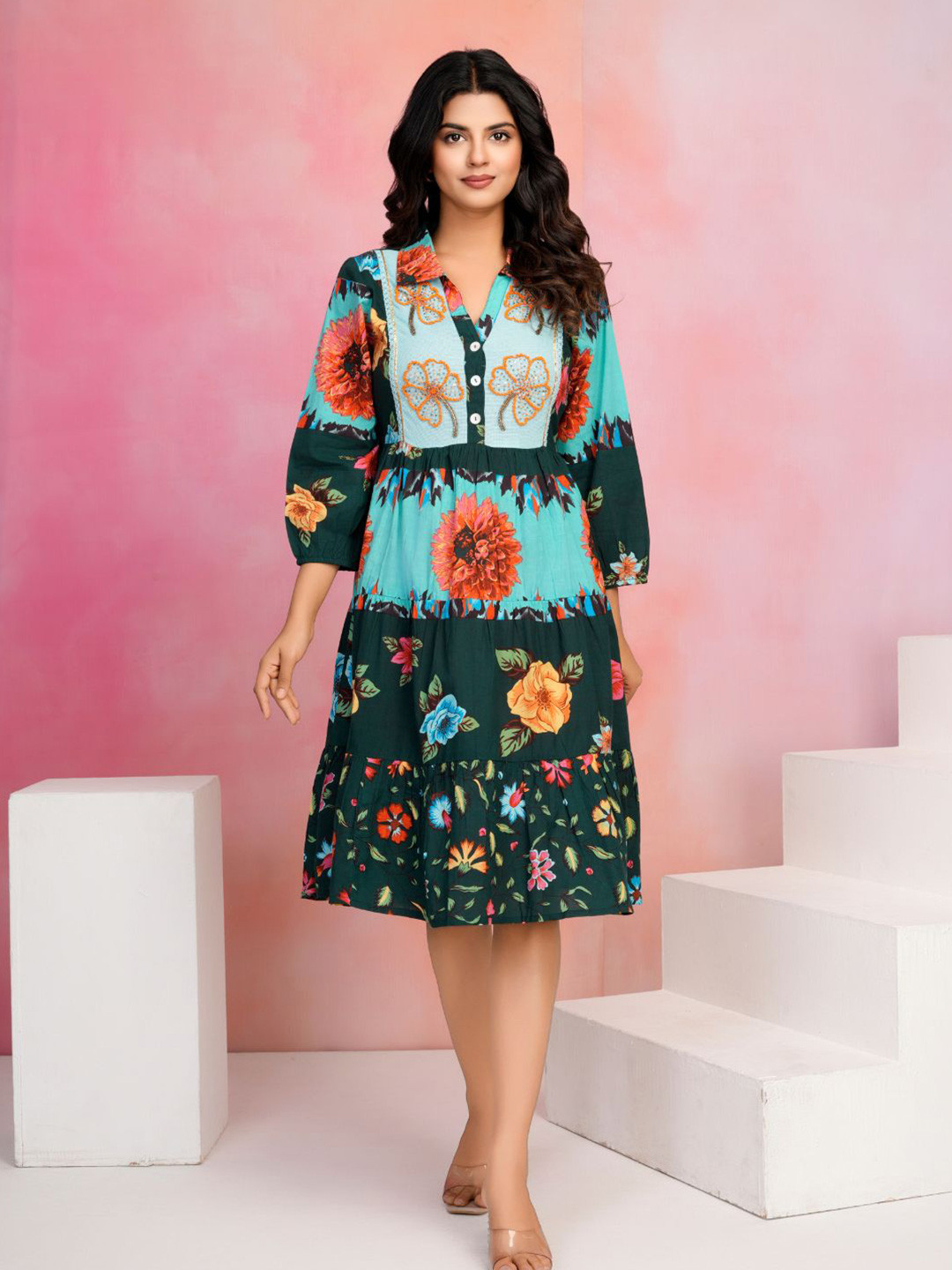 Kaftanize Women Green Floral Printed Cotton Fit & Flare Knee Length Dress