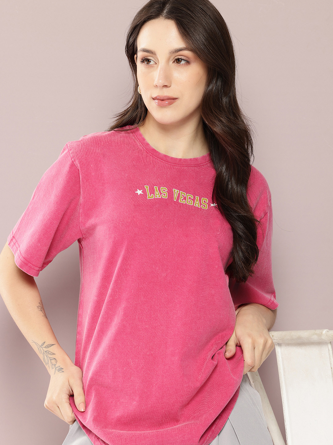 DILLINGER Womens Oversized Acid Washed Printed T-shirts