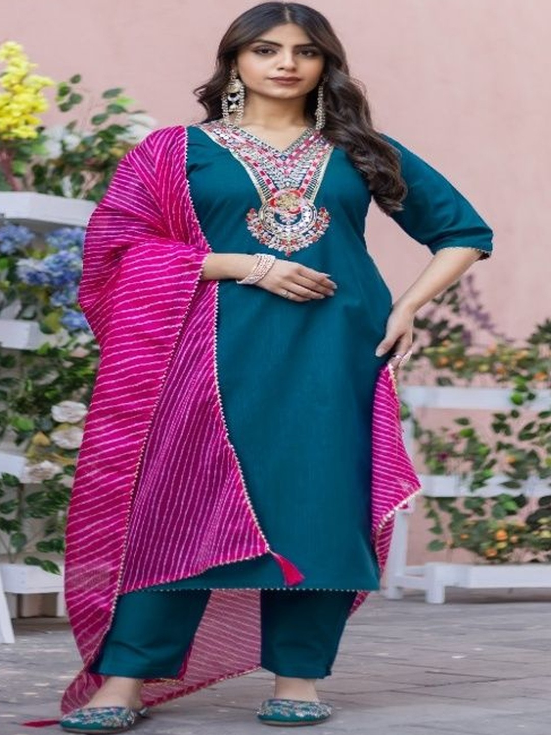Fairypink Floral Embroidered V-Neck Thread Work Cotton Silk Kurta With Trousers & Dupatta