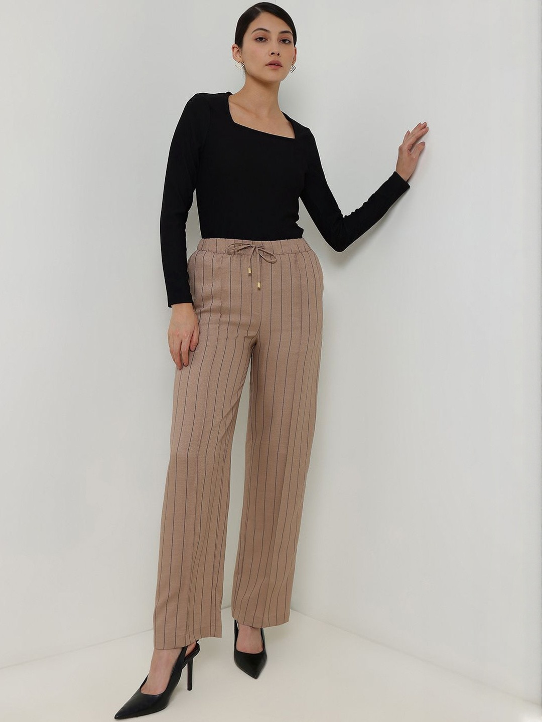 FableStreet Women Striped Straight Pull-On Trousers