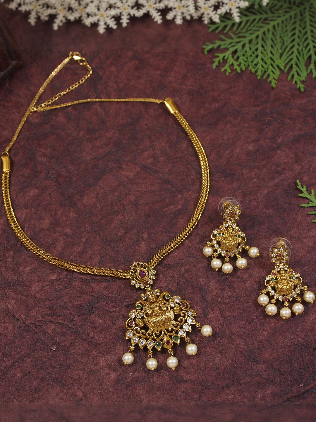 House of Pataudi Gold-Plated Kundan-Studded & Pearl Beaded Laxmi Pattern Jewellery Set