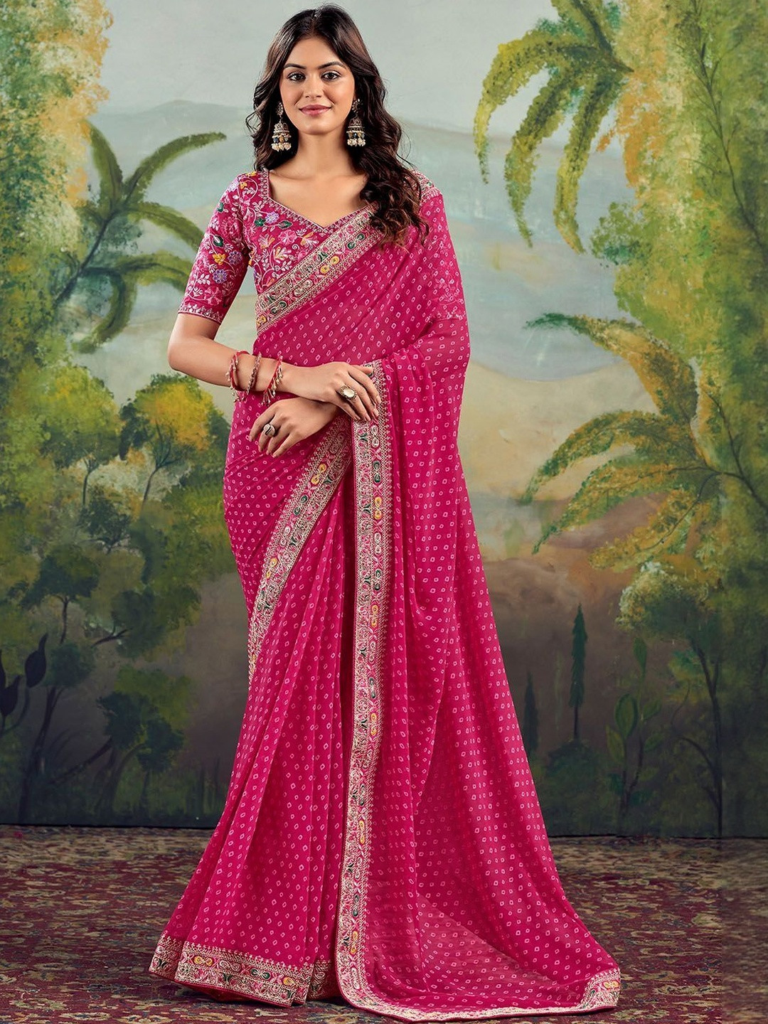 GEN Z TRENDS Bandhani Embroidered Pure Georgette Designer Bandhani Saree