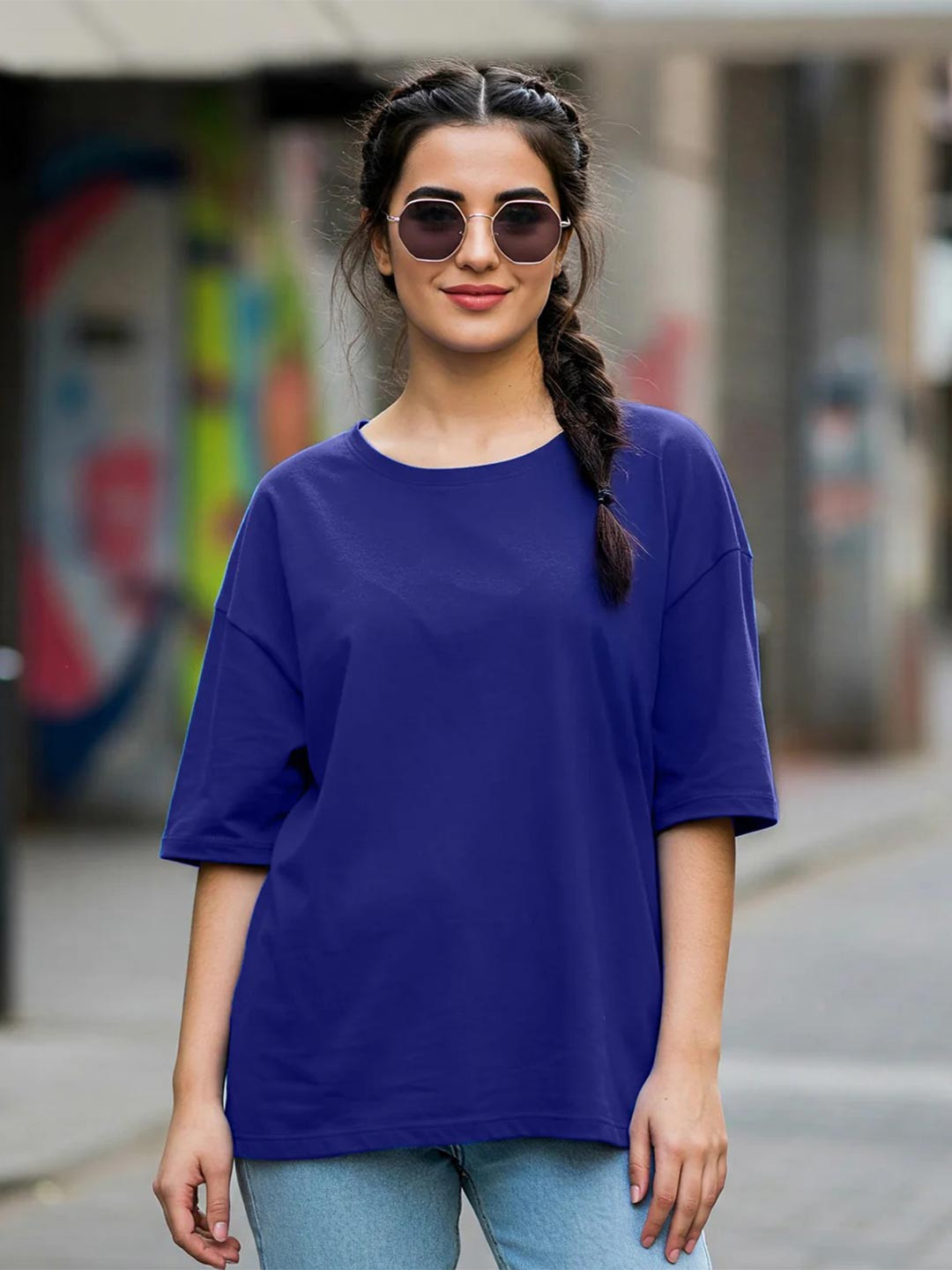 JUNEBERRY Women Royal Blue Solid Bio Finish Relaxed Fit Pure Cotton Oversized T-Shirt