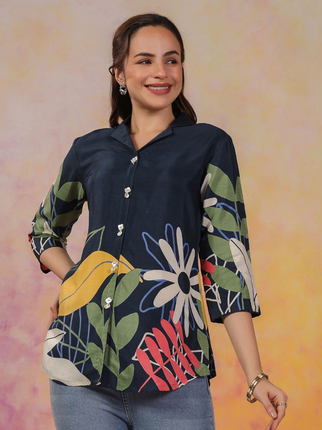 Kaftanize Peacock blue bold multi colour floral printed tunic in russian silk