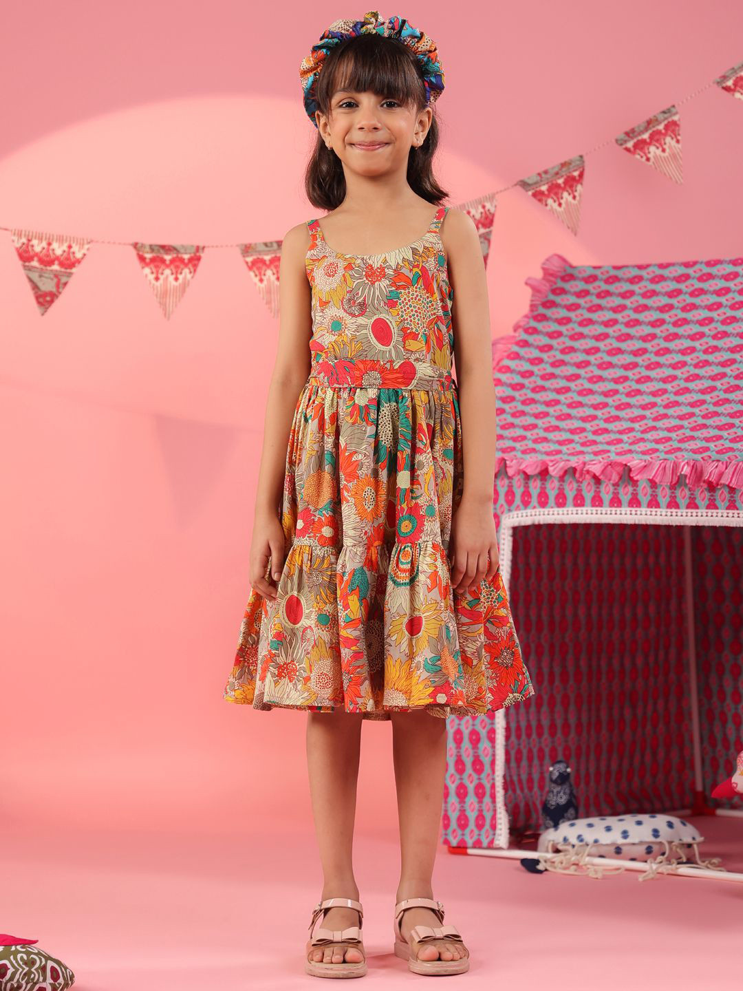 Rain & Rainbow Girls Printed Cotton Knee Length Dress