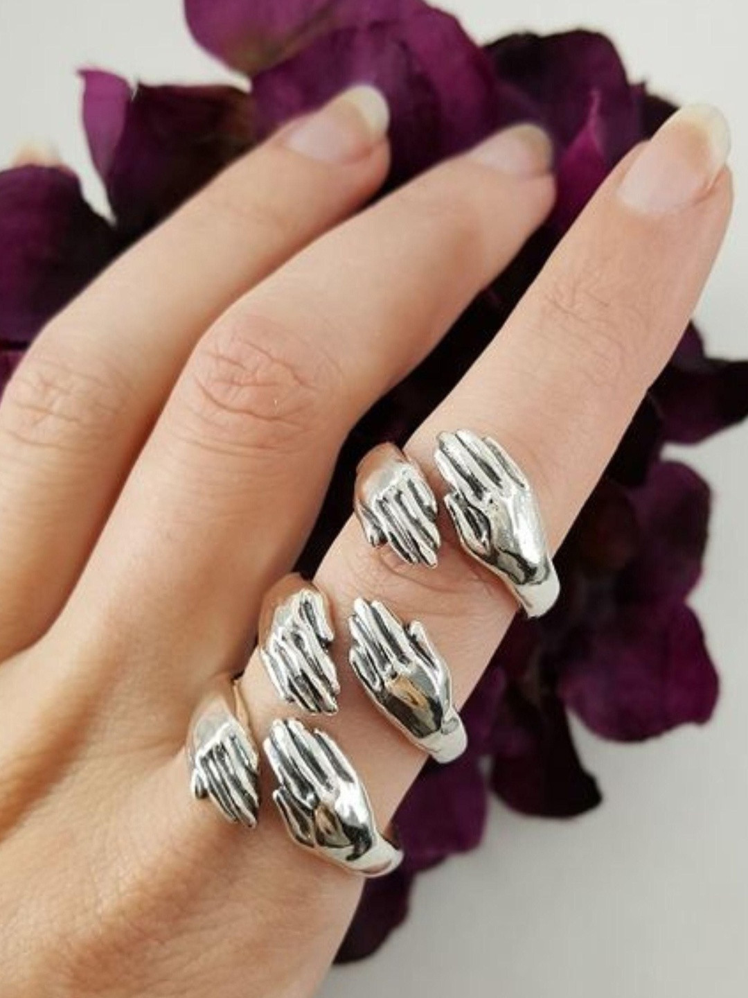 J.S ENTERPRISES Set Of 3 Unisex Stainless Steel Hugging Hands Finger Rings