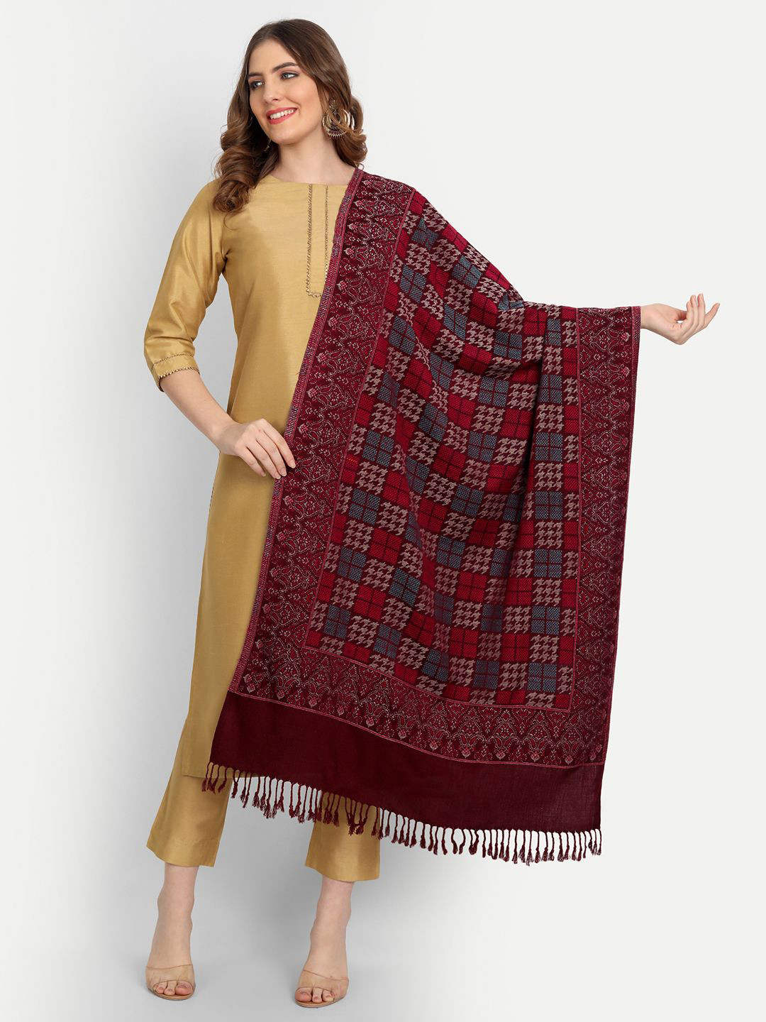 Hemkunt Fabric Women Checked Liva Stole with Tasselled Border