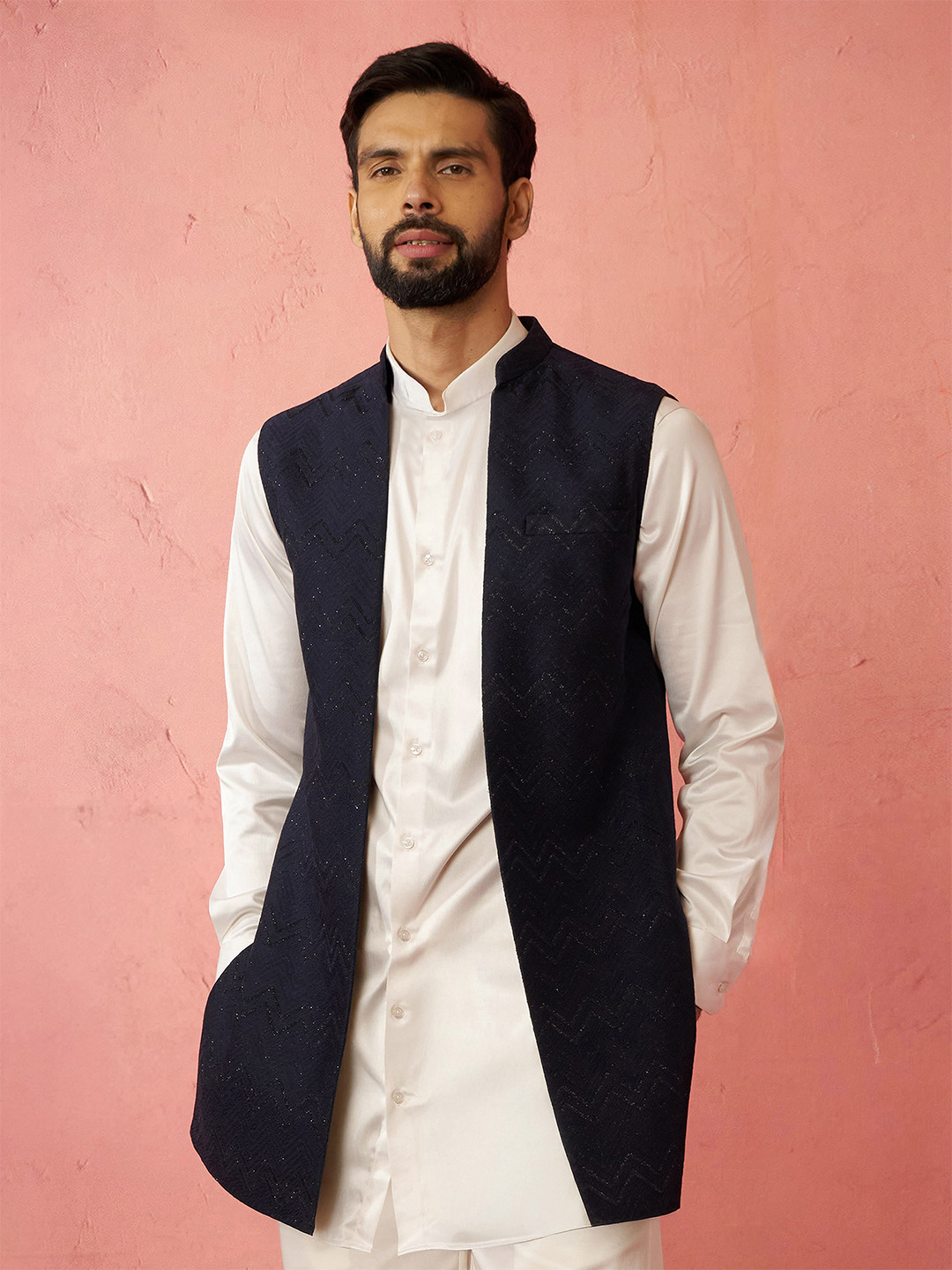 VASTRAMAY Men Embroidered Jacquard Nehru Jacket Set