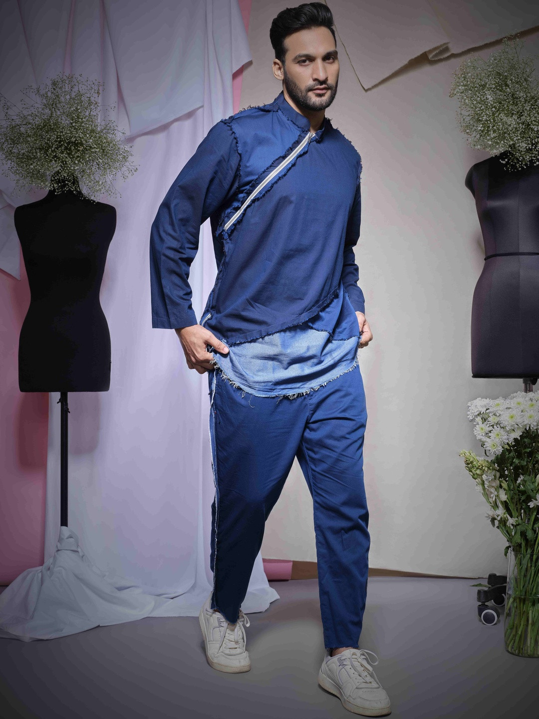 ECHKE Self Design Mandarin Collar Pure Cotton Shirt With Trousers