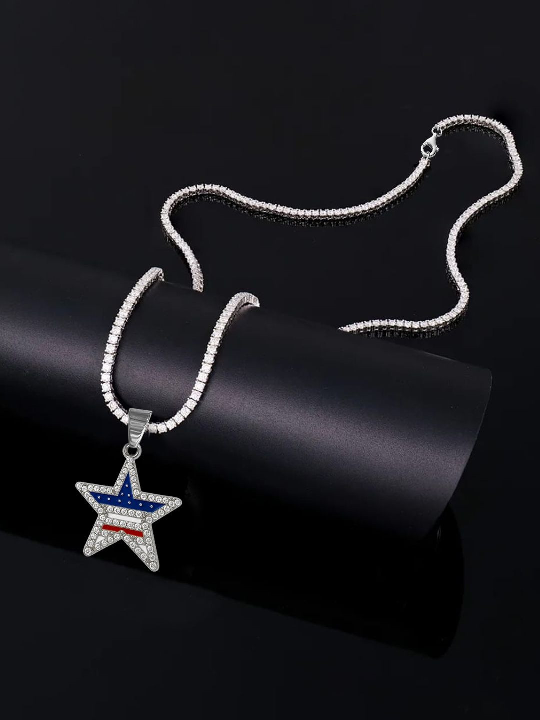 KRENOZ Men Stainless Steel Silver-Plated Rhinestone Studded Star Shaped Pendant With Chain