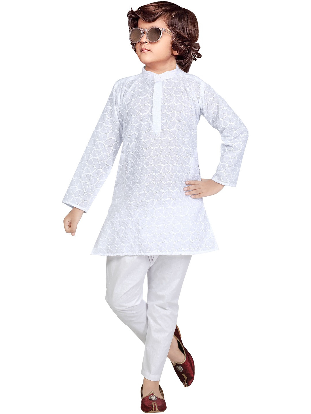 Taimoor Garments Infant Boys Mandarin Collar Chikankari Straight Kurta With Pyjamas
