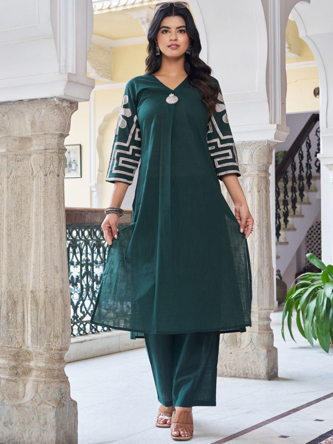 Kaftanize Dark Green with Metallic Brooch Accent and Bold Beige Embroidered kurta set