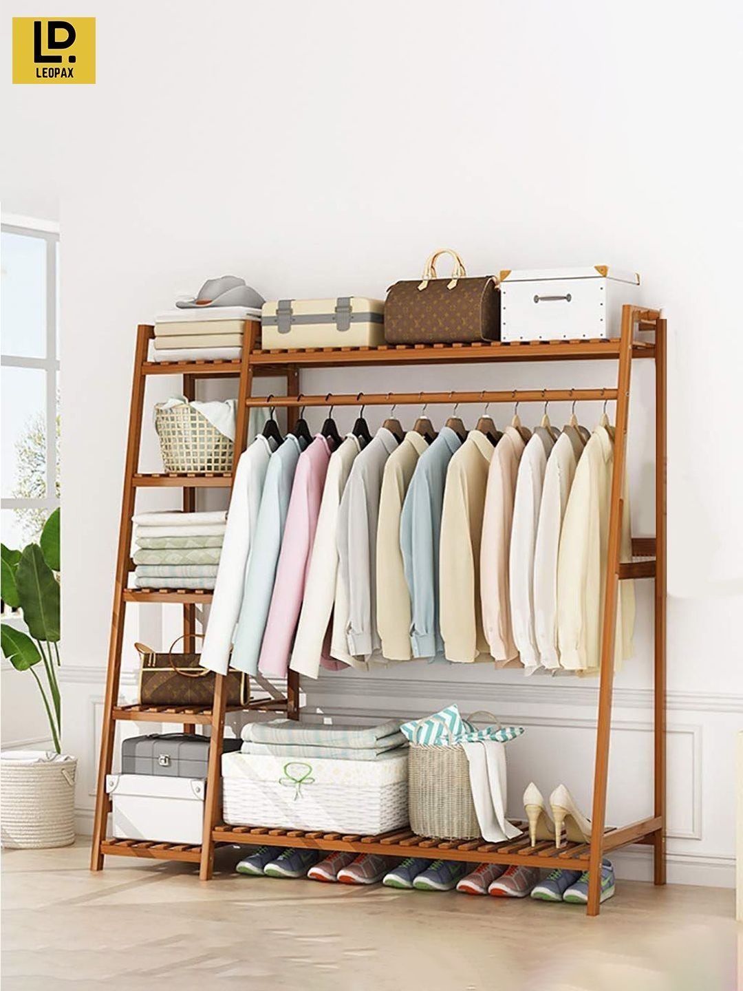 LEOPAX Bamboo Freestanding Clothing Rack with 5-Tier Shelf (130CM)