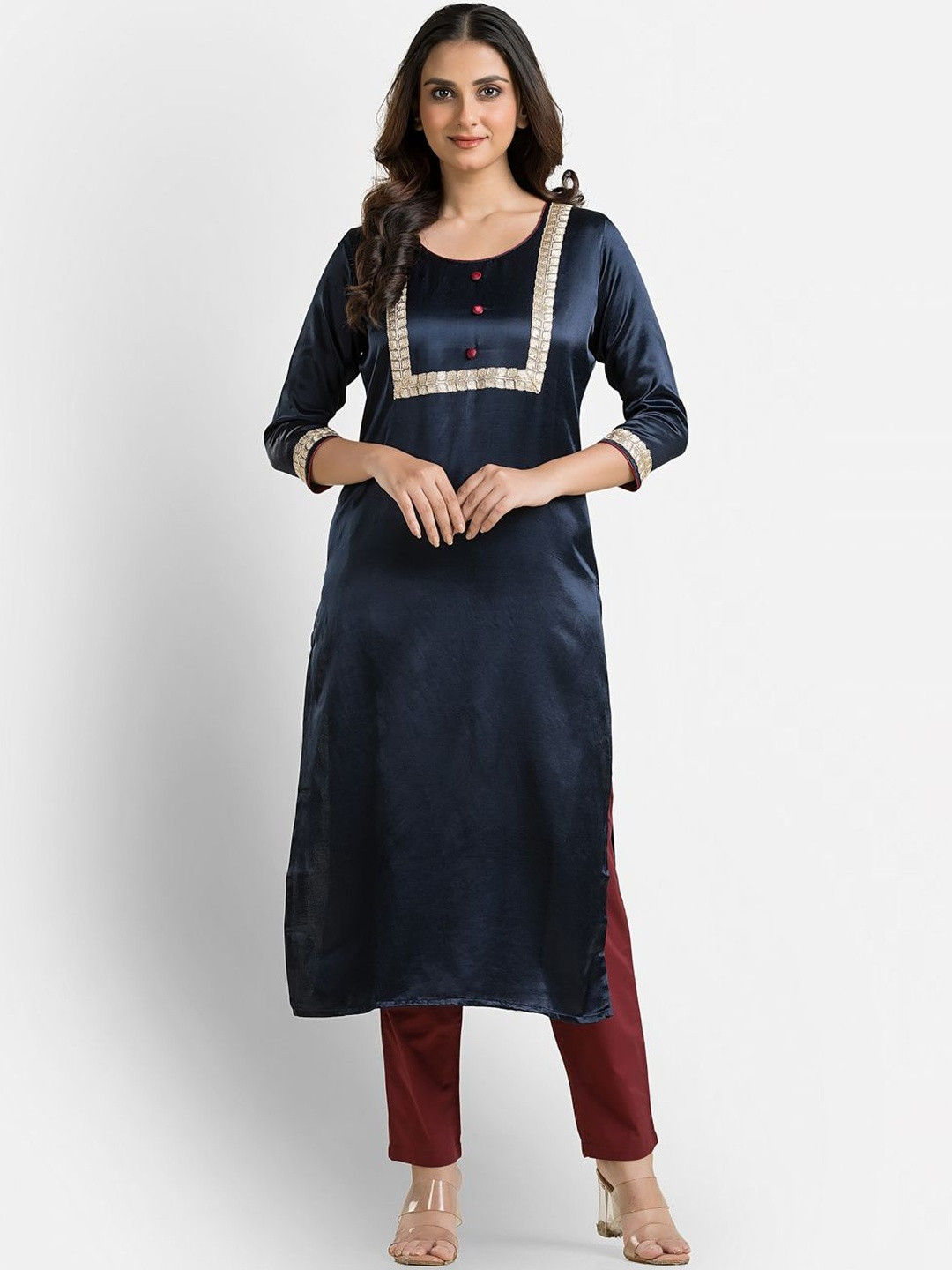 Crazy Needle Embroidered Round Neck Straight Kurtas