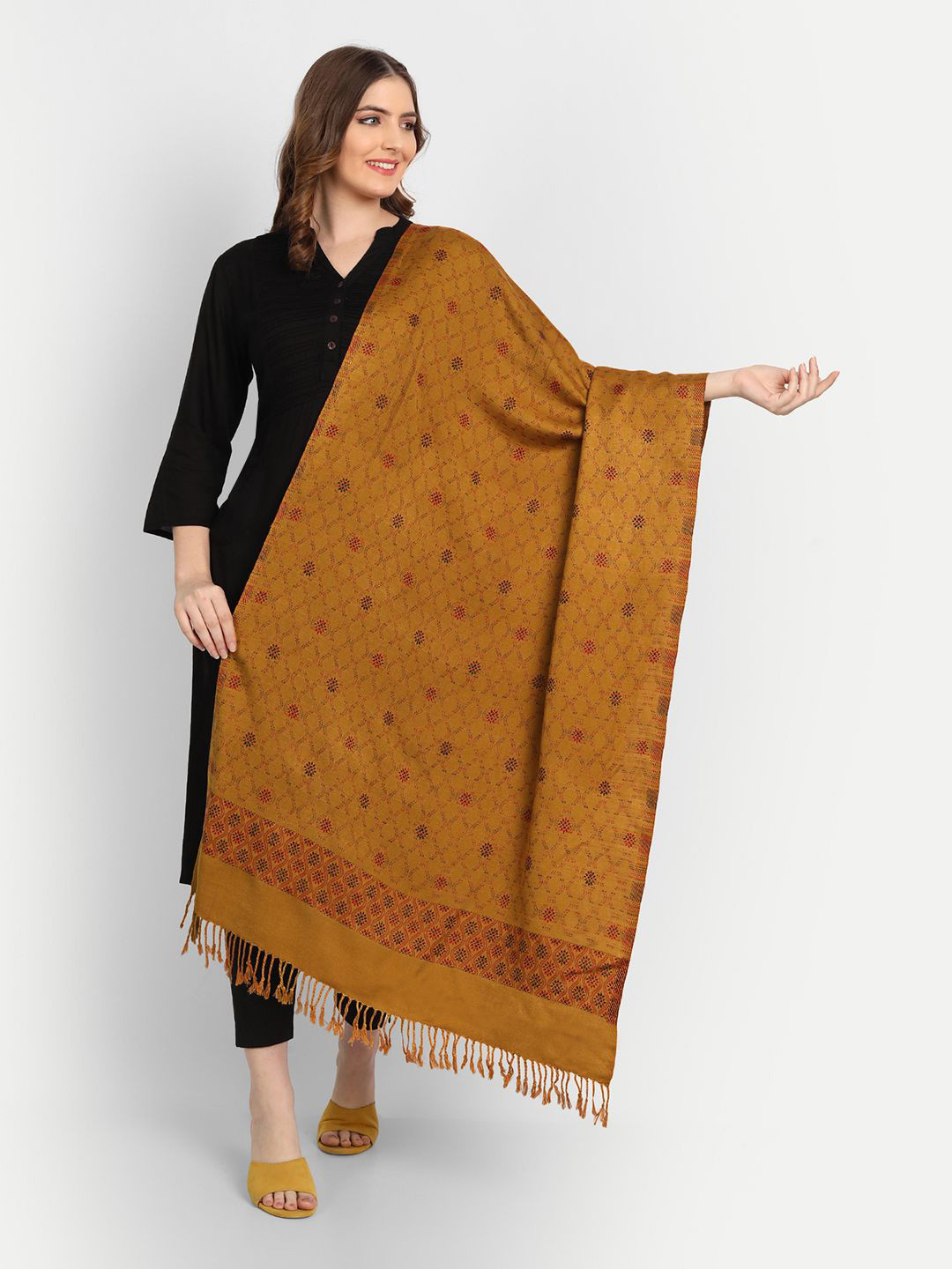 Hemkunt Fabric Women Woven Design Pashmina Wool Stoles with Tasselled Border