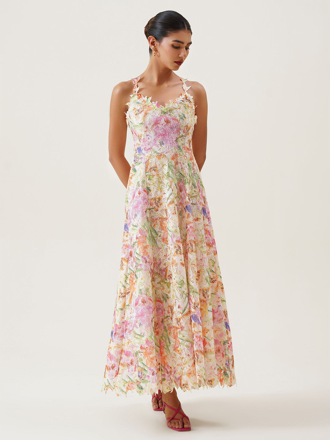 Mylin Women Floral Printed Ruffled Lace A-Line Maxi Dress