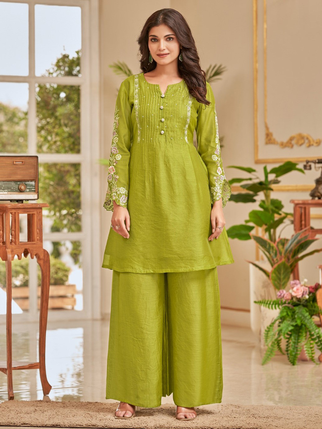AUTUMN LANE Embroidered Round Neck Top & Palazzos Co-Ords Set