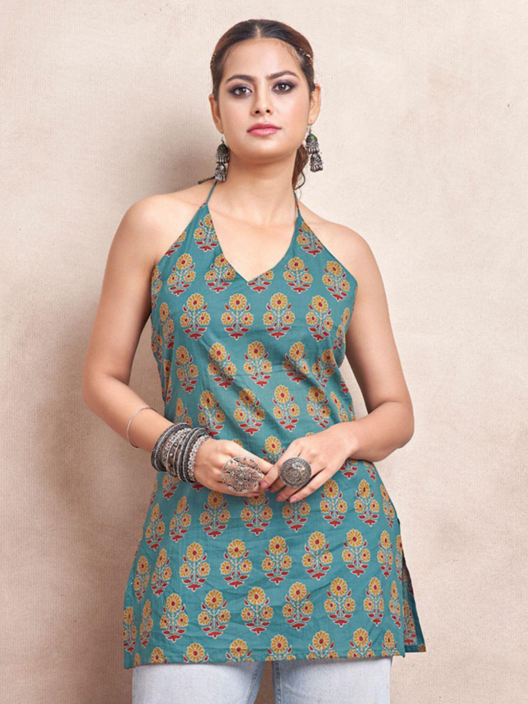 Kaftanize Green & Yellow Floral Printed Halter Neck Pure Cotton Backless Short Kurti