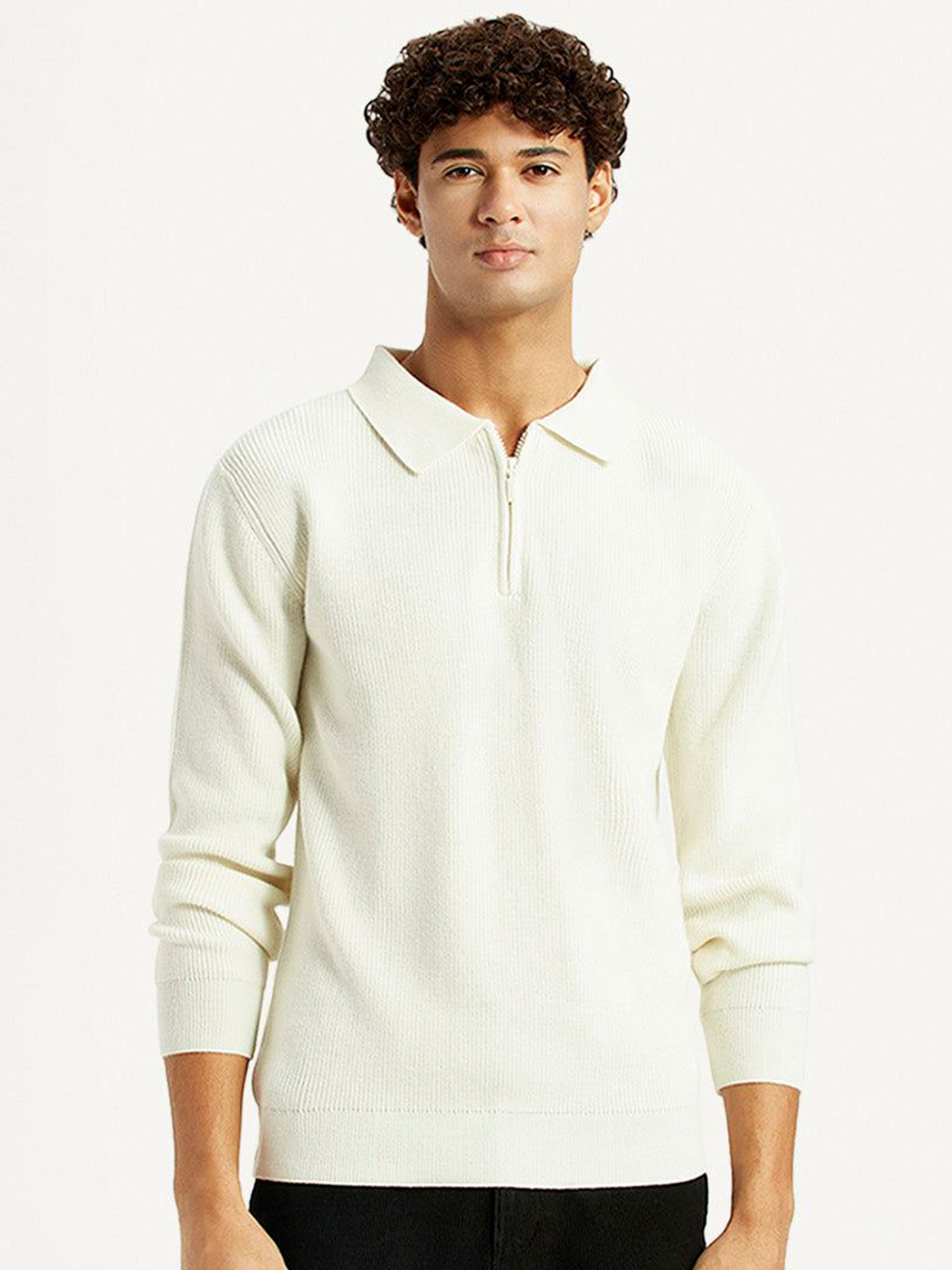 Levis Men Ribbed Self Design Shirt Collar Ribbed Pullover Sweater