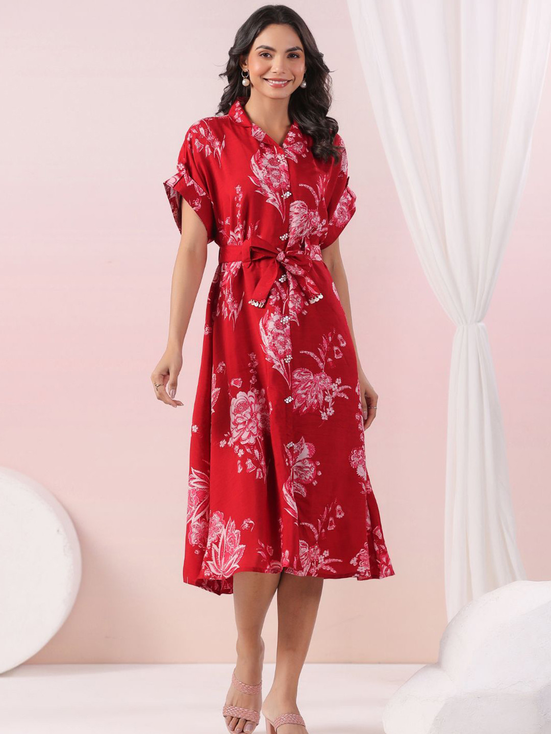 Kaftanize Floral Print Velvet Shirt Dress