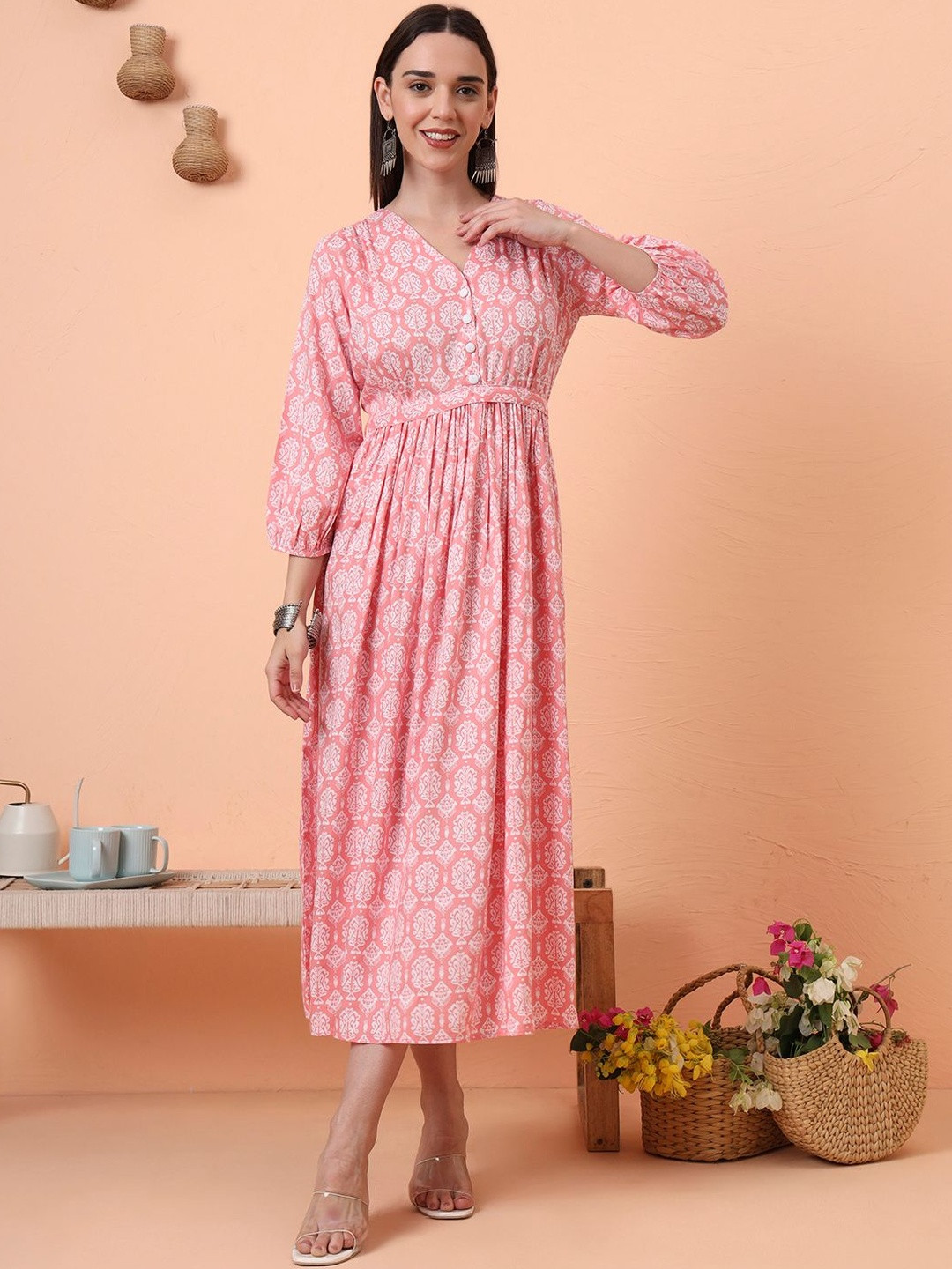 Tissu Women Ethnic Motif Printed Waist Tie-Up Fit & Flared Ethnic Dress