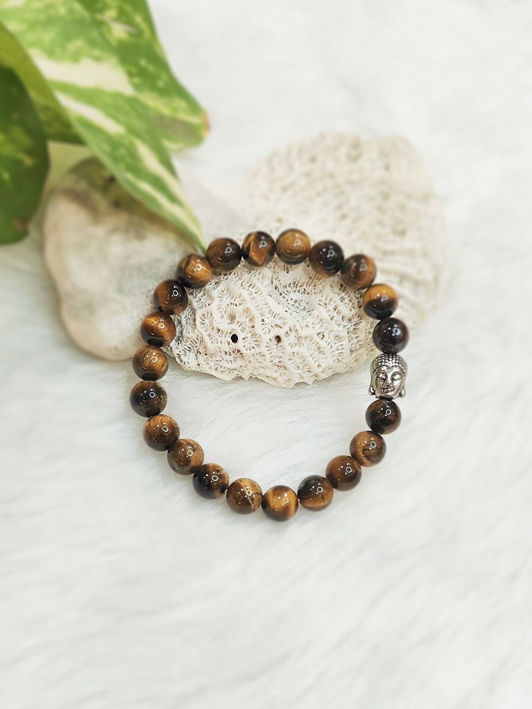 Cold Lava Studio Unisex Silver-Plated Tigers Eye Beaded Buddha Face Elasticated Bracelet