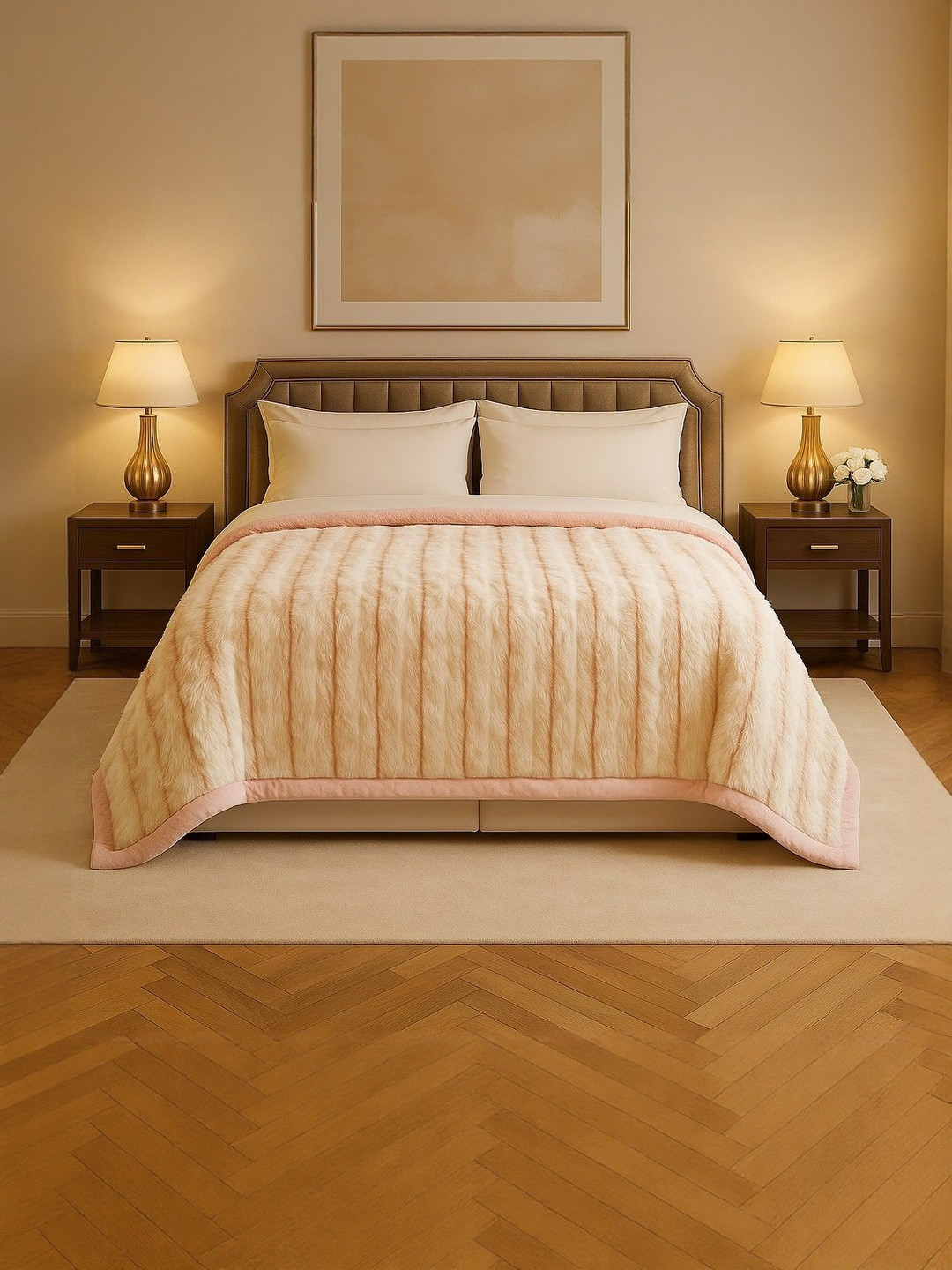 Signature Vindhya Pink Striped Fur Reversible 1200 GSM Heavy Winter Blanket
