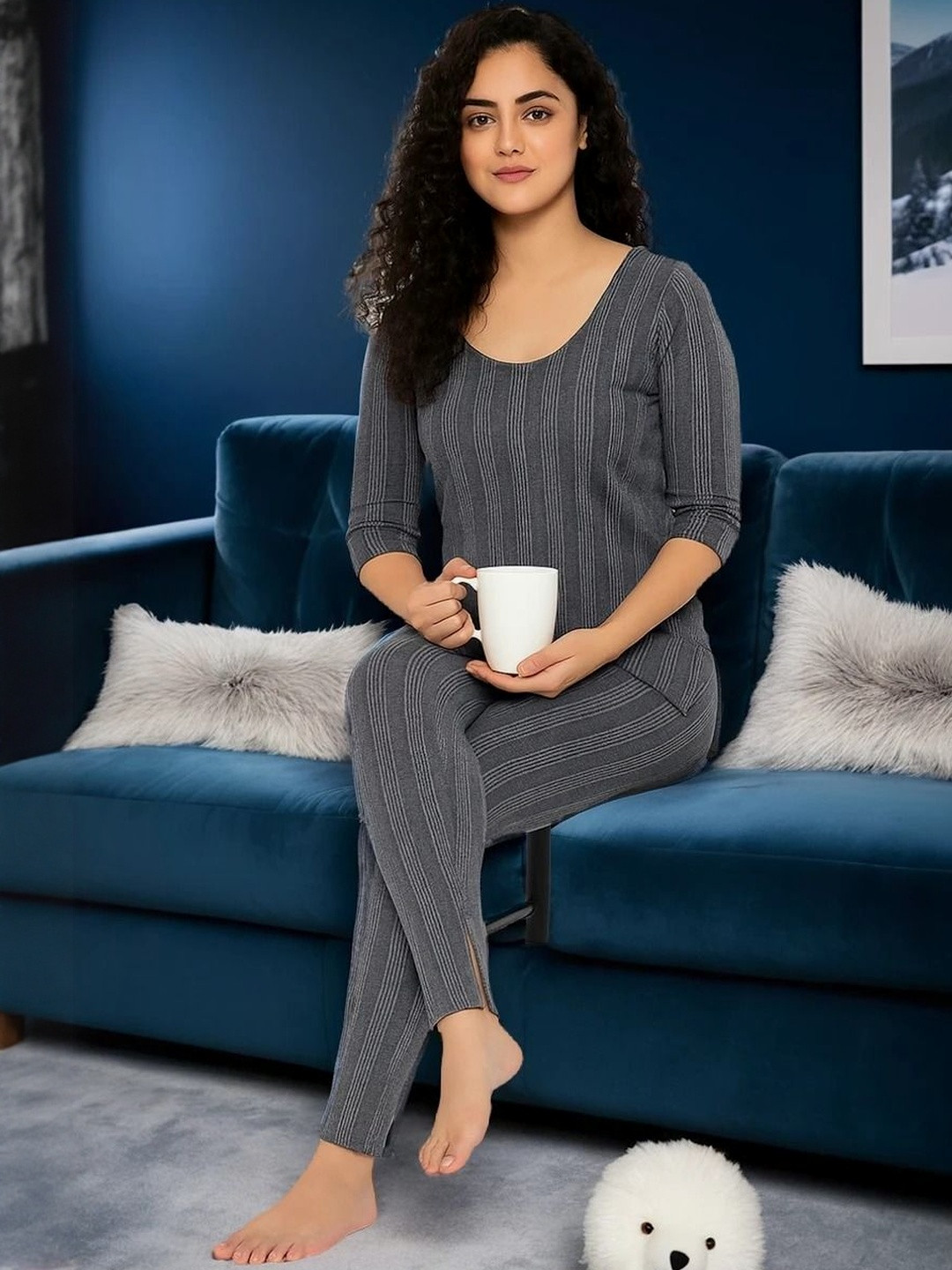 REVEXO Women Striped Scoop Neck Ankle Length Thermal Set