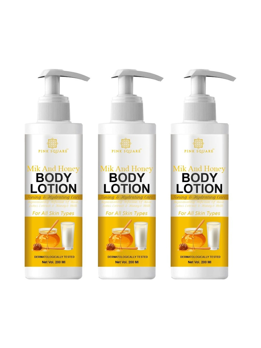 Pink Square Set Of 3 Milk & Honey Body Lotion For Skin Moisturizing - 200 ml Each
