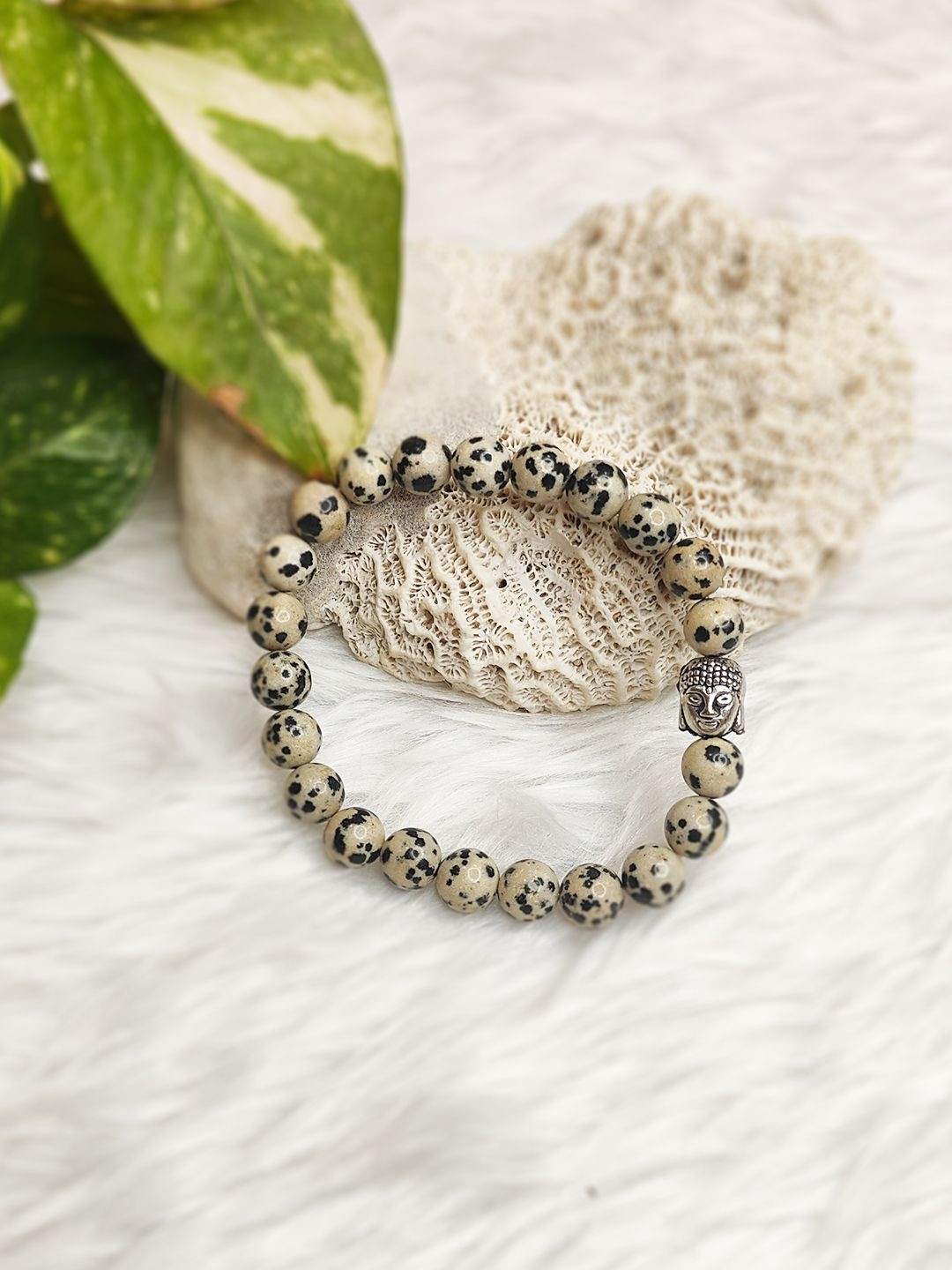 Cold Lava Studio Unisex Dalmation Jaspher & Crystals Beaded Elasticated Bracelet