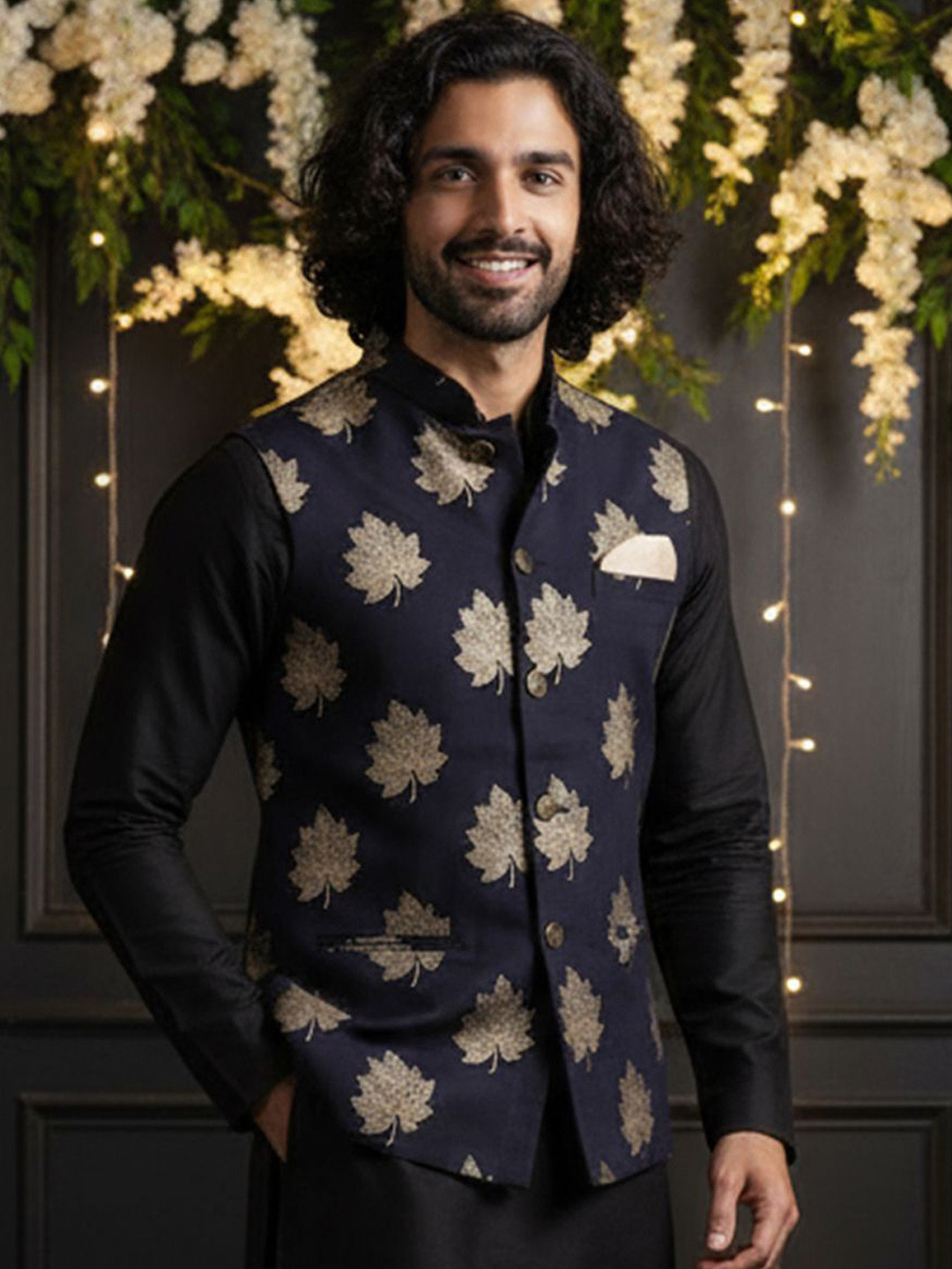 KISAH Men Nehru Jacket Printed Bundi  Black Festive Modi Jacket  Golden Leaf Design