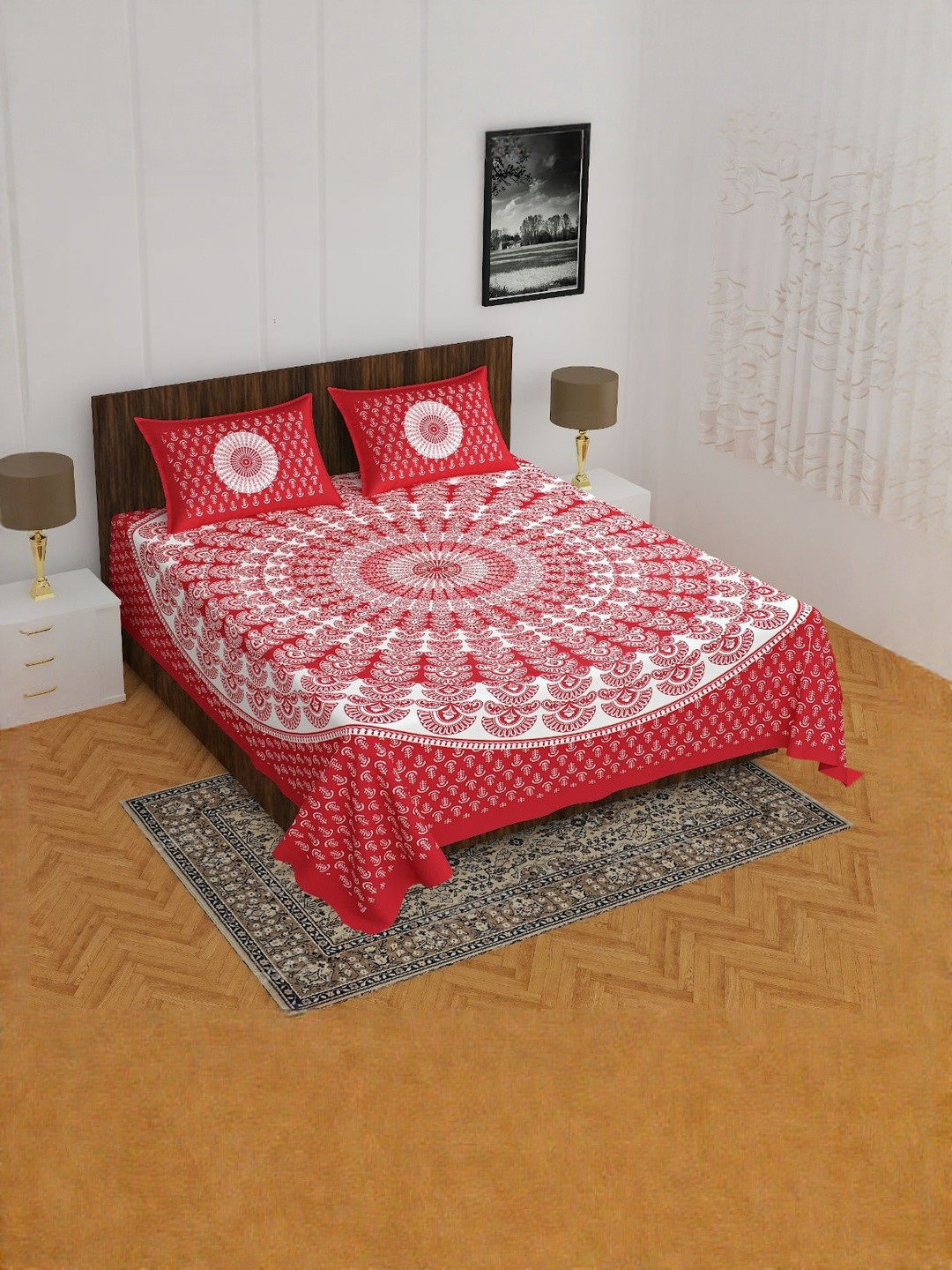 RRW Red Ethnic Motifs 180 TC King Bedsheet with 2 Pillow Covers