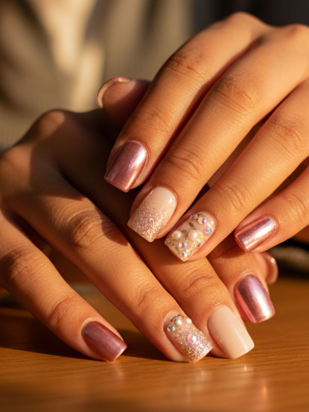 LICK 30 Pcs Glossy Glitter & Stone Fake nails-Artificial Press On Nails - Baby Pink