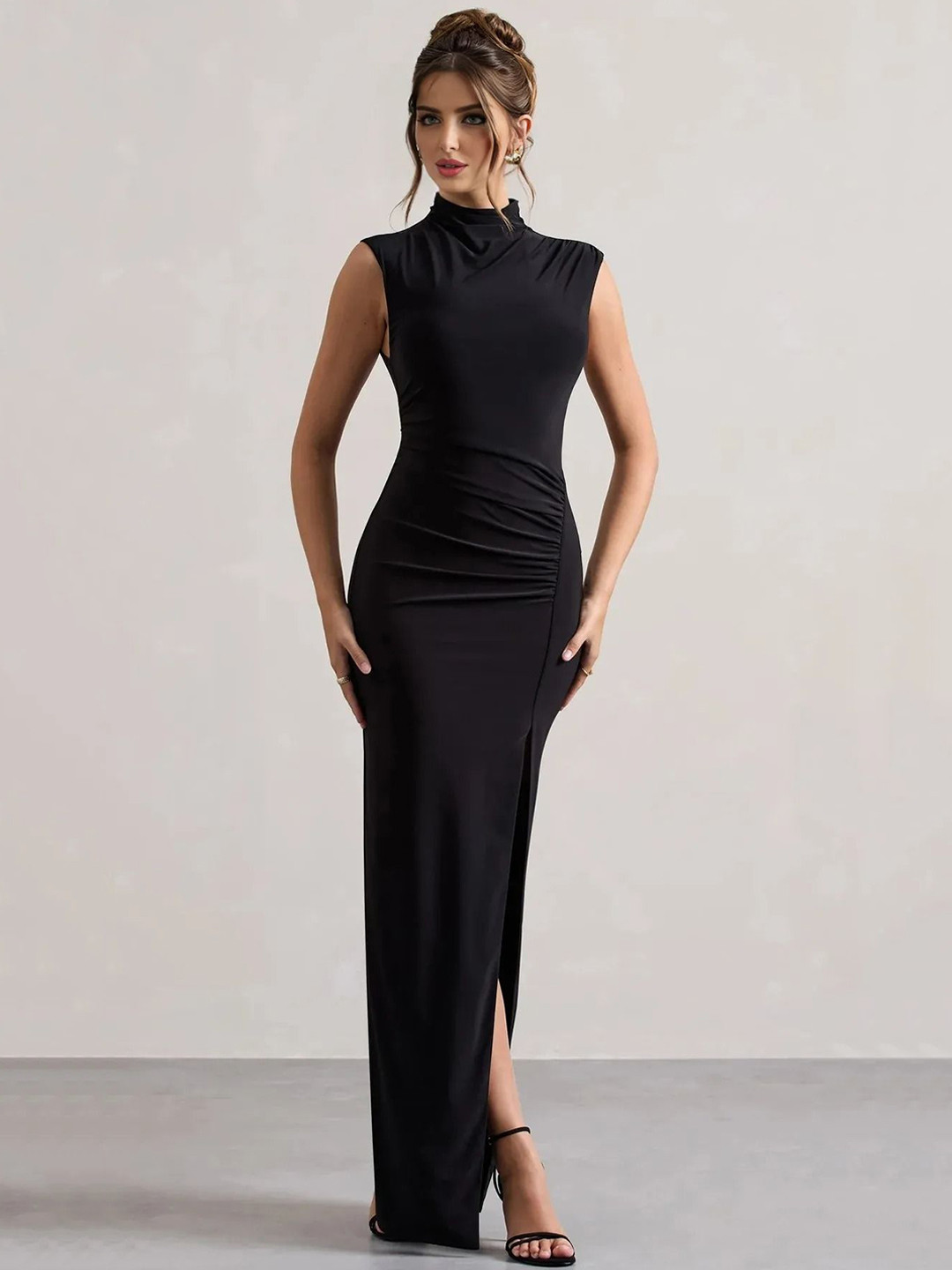 SZN Women Solid Turtle Neck Sleeveless Bodycon Maxi Dress with Slit On The Front