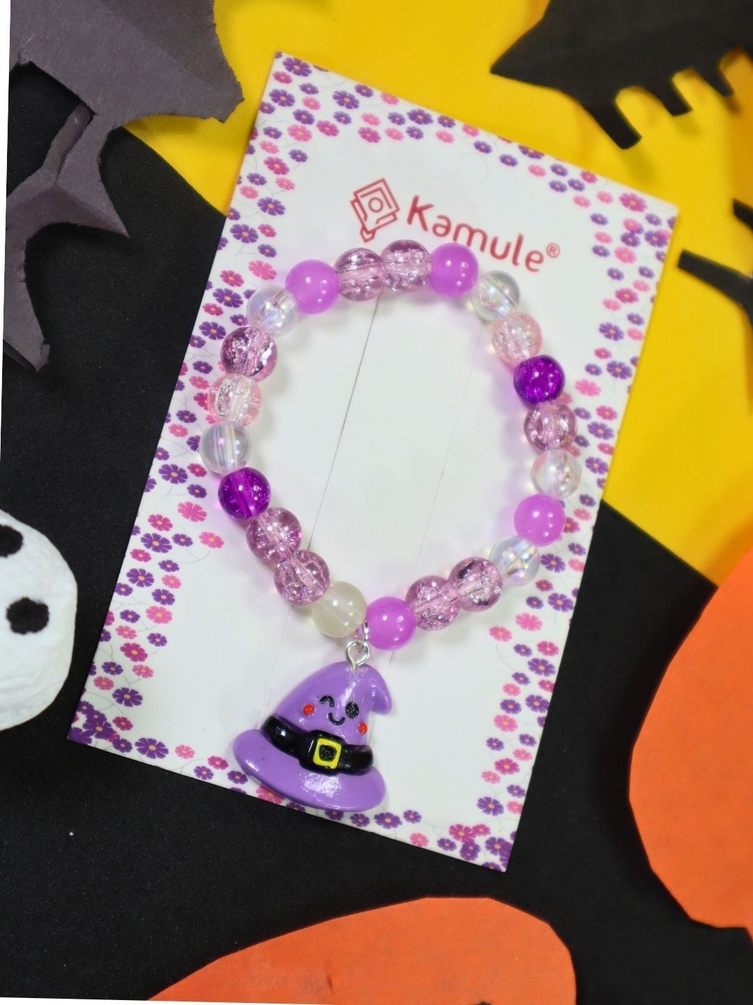 Kamule Girls Cat Hat Charm Artificial Beaded Elasticated Bracelet