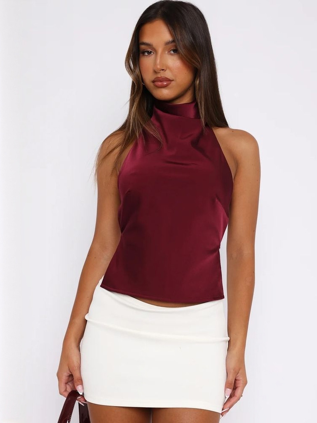 LULU & SKY Women Solid Satin Halter Neck Backless Top