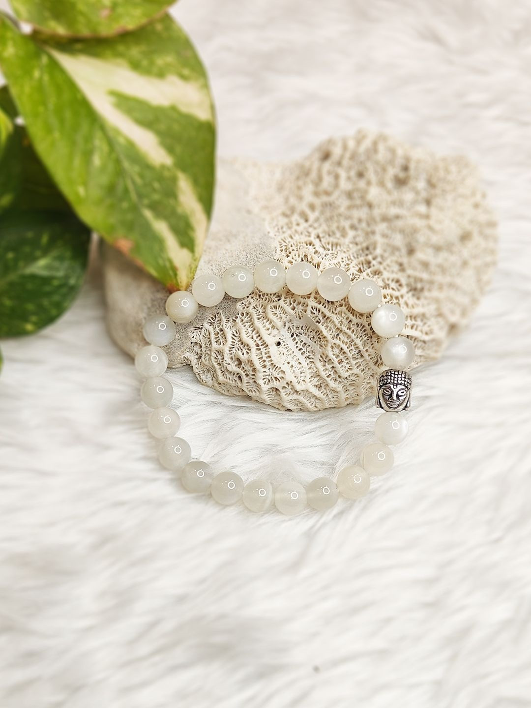 Cold Lava Studio Unisex Silver-Plated Moonstone & Crystals Beaded Elasticated Bracelet