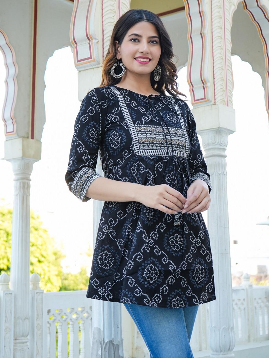 YASH GALLERY Bandhani Printed Pure Cotton A-Line Kurti