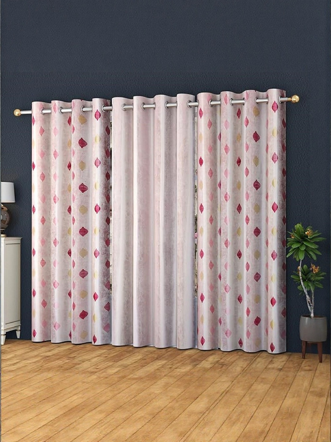 LUZDECOR Pink Geometric Printed Lightweight 3 Pieces Door Room Darkening Eyelet Curtains