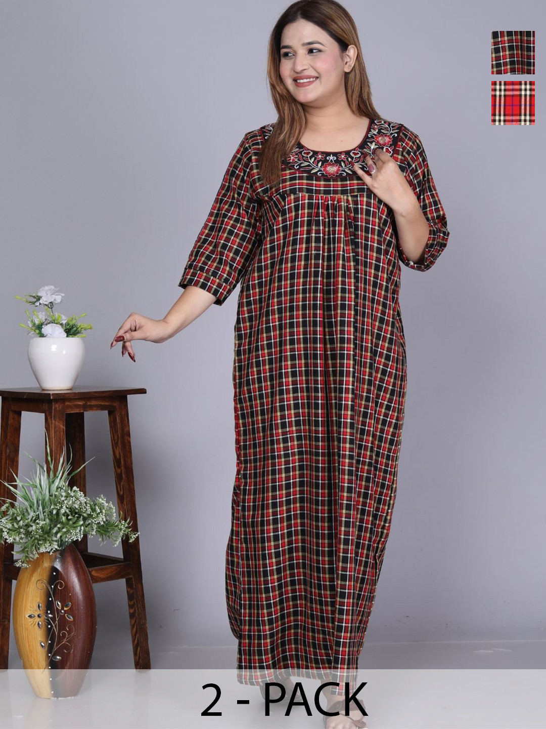 HARGUN NIGHT WEAR Women Set Of 2 Checked Round Neck Maxi Nightdress