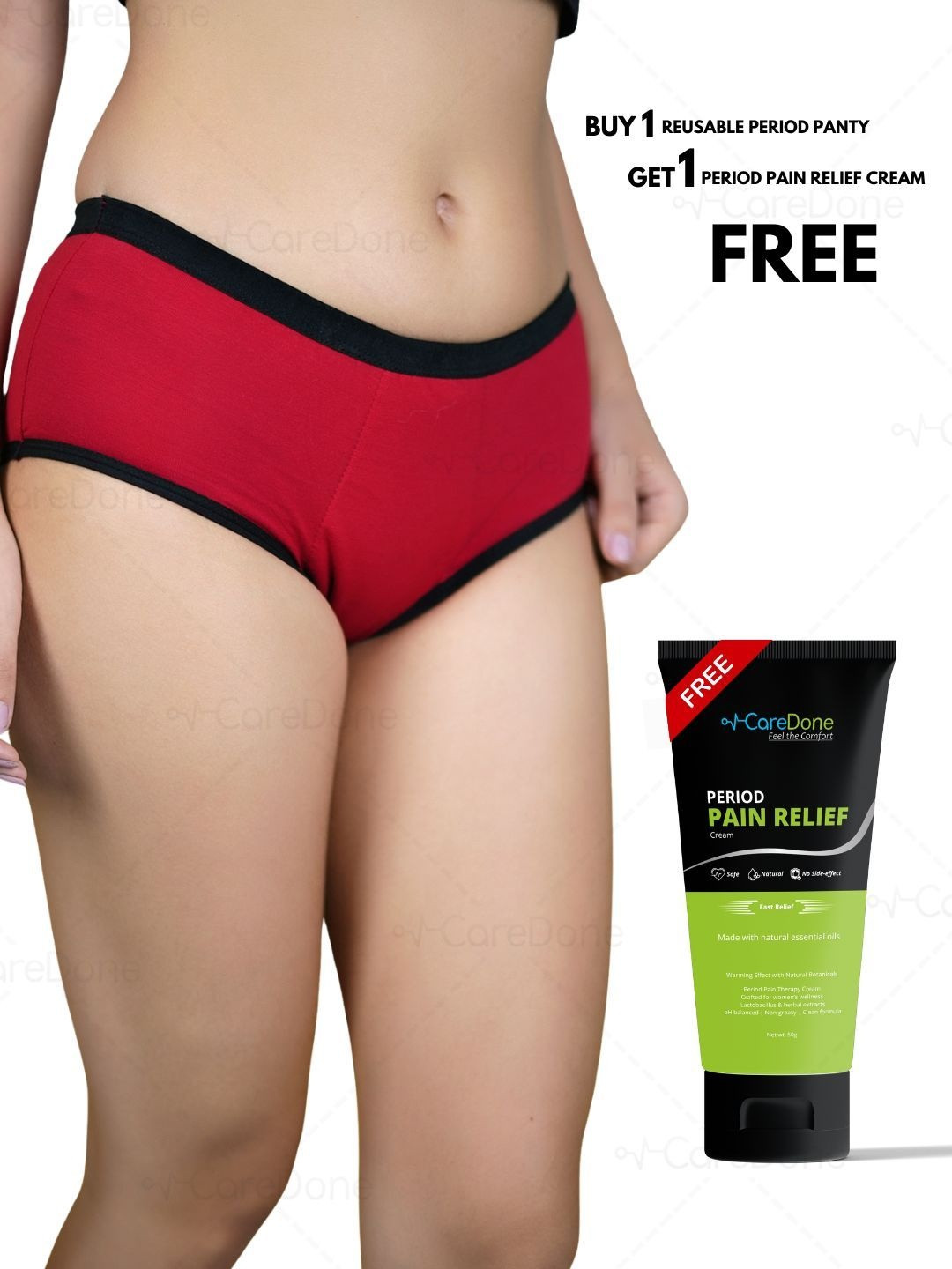 CareDone Women Mid-Rise Leak Proof Period Panty with Free Period Pain Relief Cream